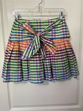 J. Crew Multicolor Gingham Mini Skirt with Bow Tie with raw hem